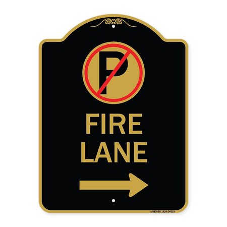 SIGNMISSION Fire Lane No Parking and Right Arrow, Black & Gold Aluminum Sign, 18" x 24", BG-1824-24019 A-DES-BG-1824-24019